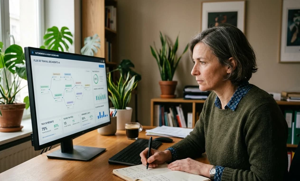 Directrice d'opérations analysant un dashboard d'agents IA autonomes