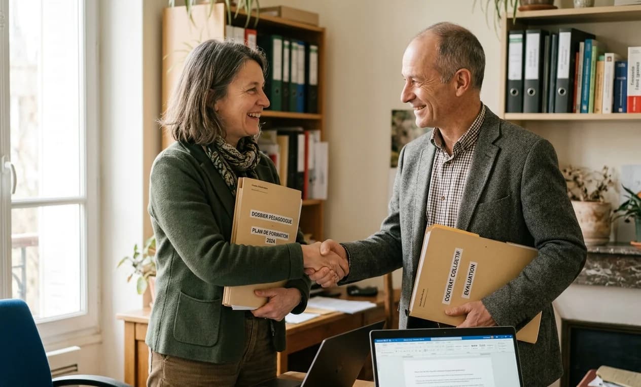 Rencontre entre directrice d'organisme de formation et formateur partenaire