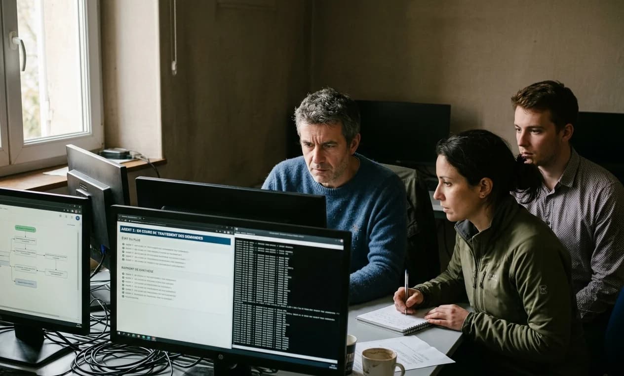 Équipe opérationnelle supervisant des agents IA autonomes
