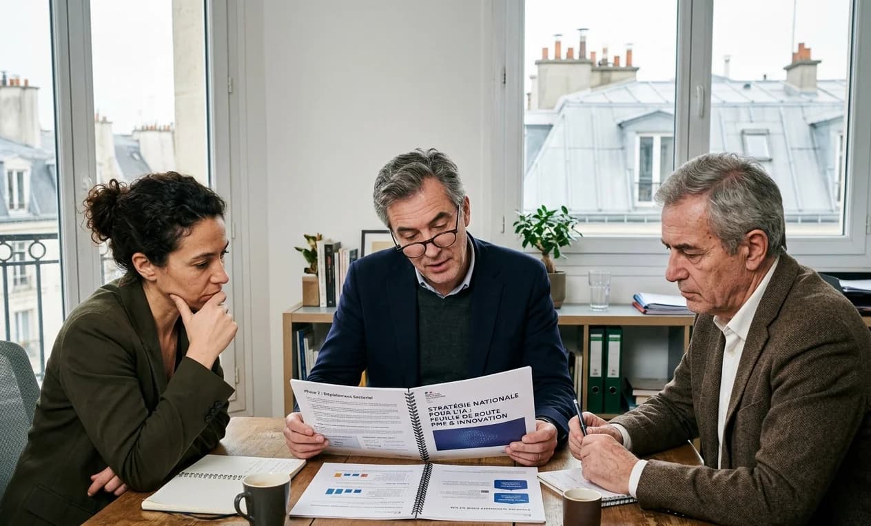 Réunion de conseil IA stratégique avec direction d'entreprise