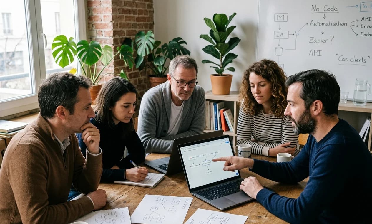 Équipe en formation construisant des workflows d'automatisation IA no-code (n8n, Make, Zapier)