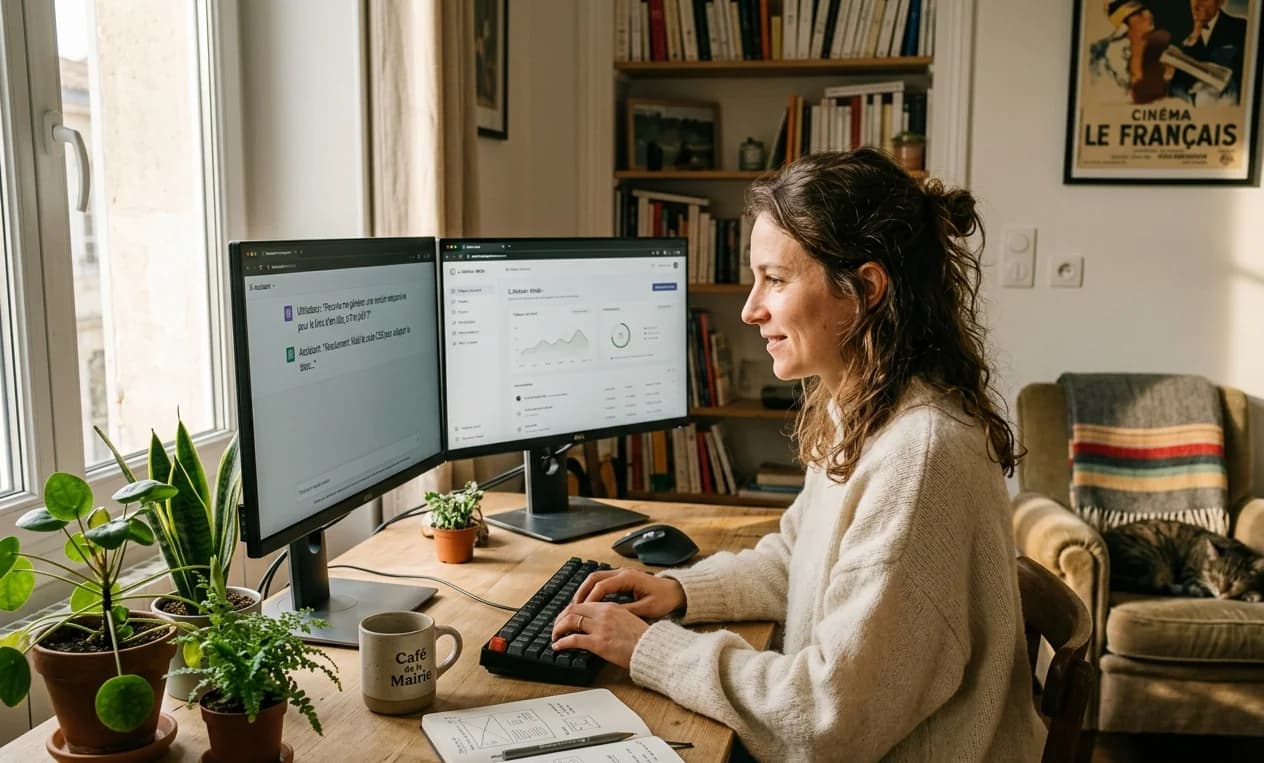 Entrepreneuse en flow state pratiquant le vibe coding avec assistant IA