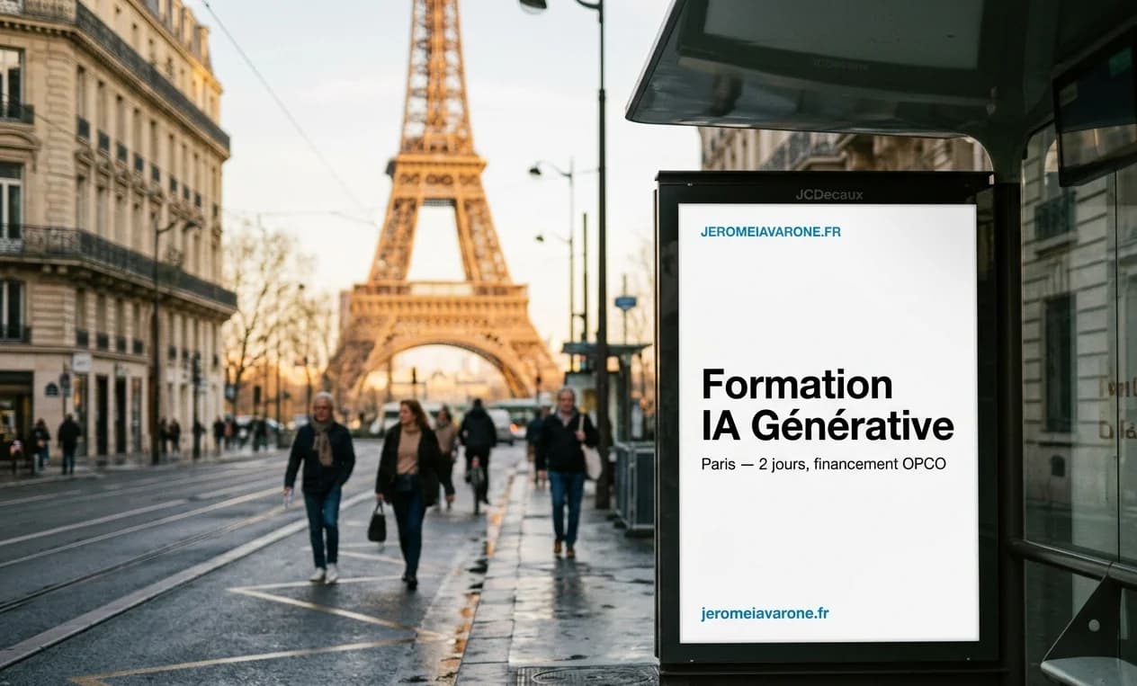 Affiche jeromeiavarone.fr : Formation IA Générative Paris : sur abribus avec Tour Eiffel en arrière-plan