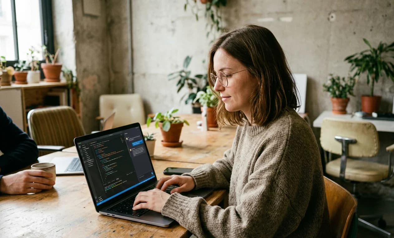 Développeuse en startup parisienne (Le Sentier) utilisant un assistant IA en direct sur son code