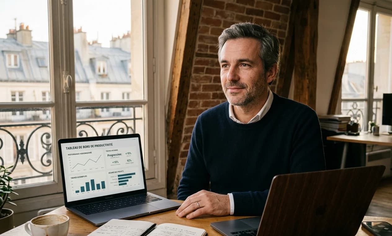 Dirigeant de PME parisien analysant son tableau de bord de productivité après la formation IA Générative