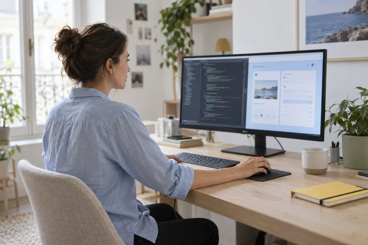 Illustration : une développeuse travaille sur une application avec un assistant IA