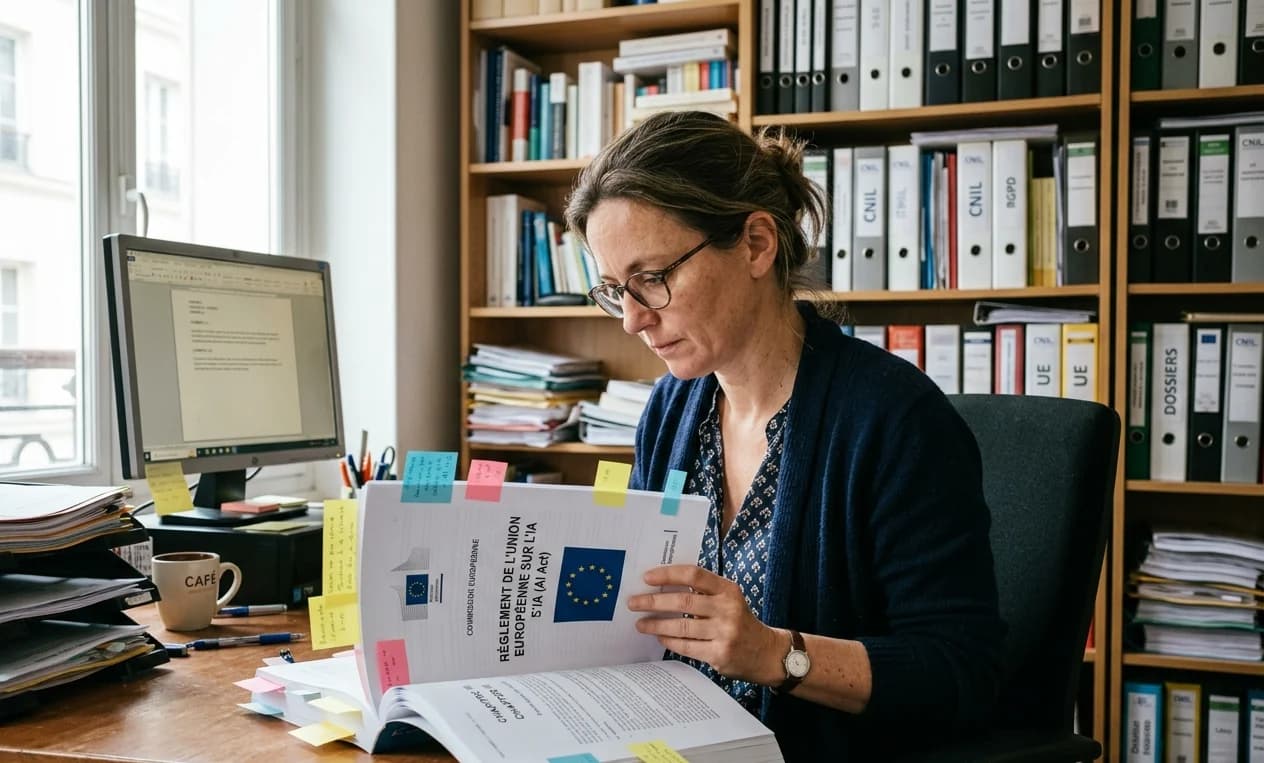 Compliance officer étudiant le règlement européen AI Act