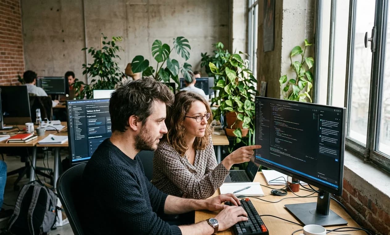 Développeurs en pair-programming avec assistant IA sur application métier