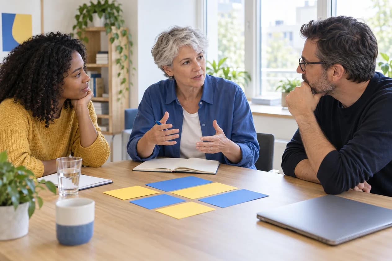 Illustration : trois professionnels préparent un parcours de formation en équipe